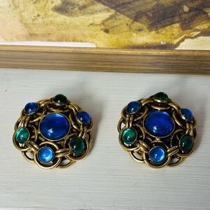 Vintage French Glass Blue & Green Cabochon Dome Earrings/Clips - Gold Tone